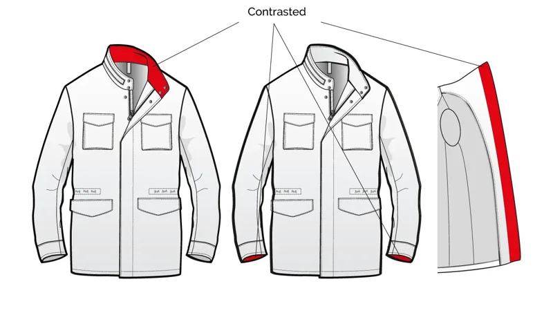 Collar interior, front placket and cuffs in contrast